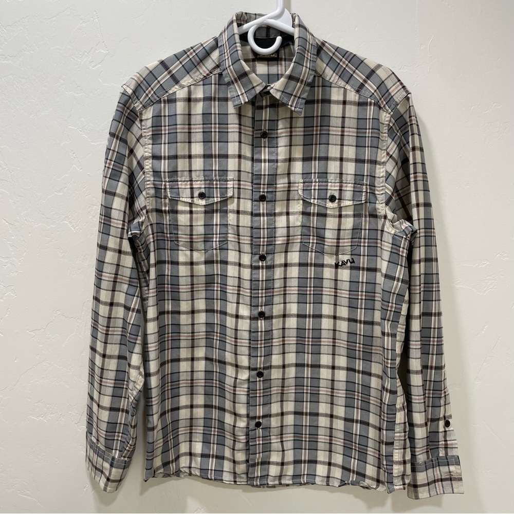 Kavu Men's Medium Hiking Long Sleeve Button Down Shirt Plaid Lightweight